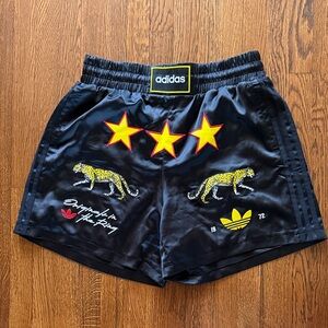 adidas Black Shorts with Yellow & Red Star and Leopard Graphics